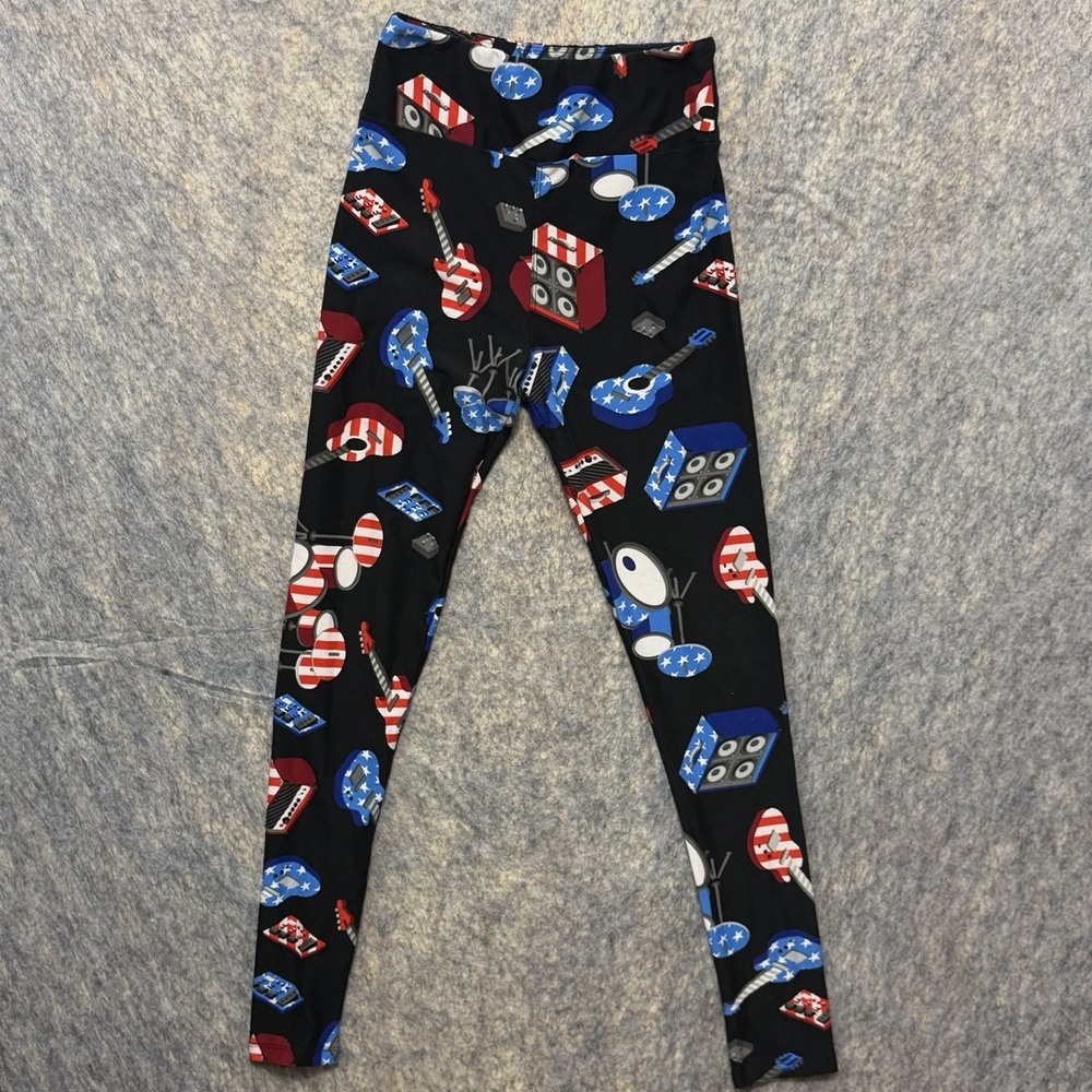 LuLaRoe Womens One Size Leggings Black Patriotic Music Guitar Drums USA